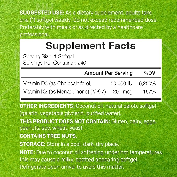 DEAL SUPPLEMENT Vitamin D3 50000 IU + K2 MK7 200mcg Softgels 240 Count | 2-in-1 Complex with Virgin Coconut Oil | Supports Heart Bone Teeth &amp Immune Health | Easy to Swallow