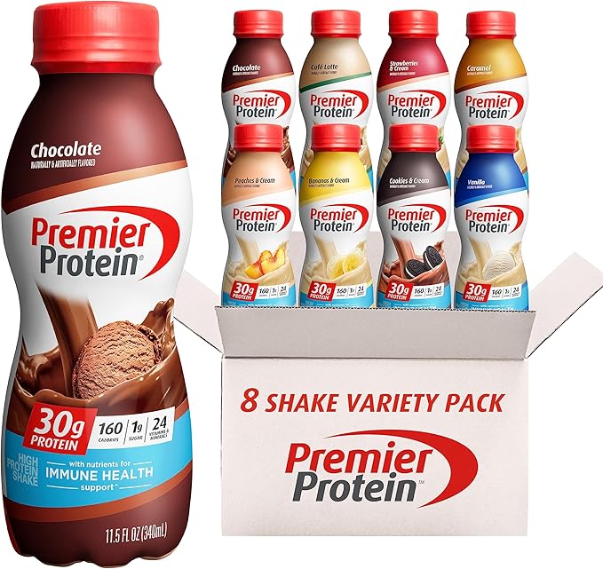 Premier Protein Shake MINIs Caramel 22g Protein 120 Calorie Pack of 12 &amp Protein Shake 8 Flavor Variety Pack 30g Protein 24 Vitamins &amp Minerals