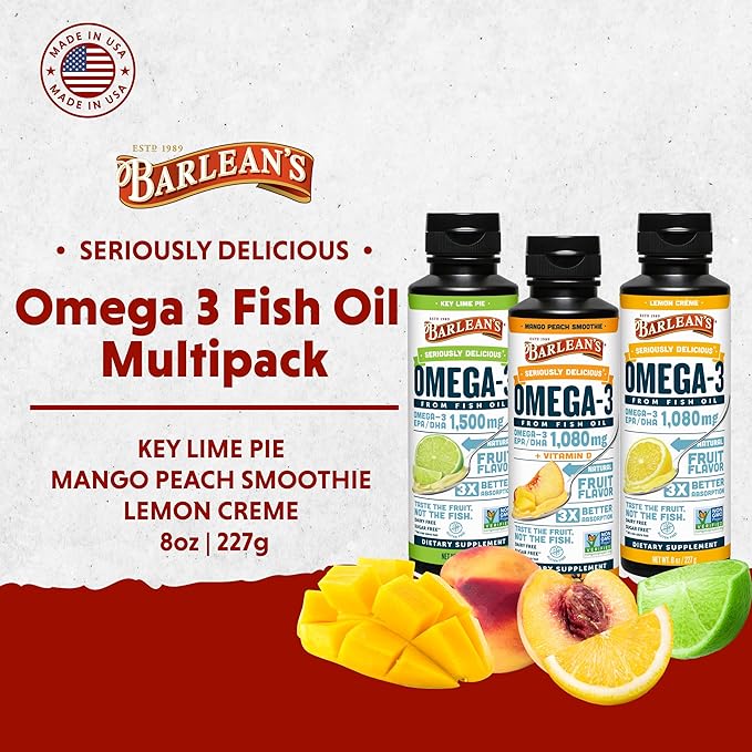 Barlean's Omega 3 Fish Oil Liquid Supplement for Men and Women 1500mg of EPA and DHA Fatty Acid Promotes Brain &amp Heart Health - Non-GMO Variety Pack 8 oz