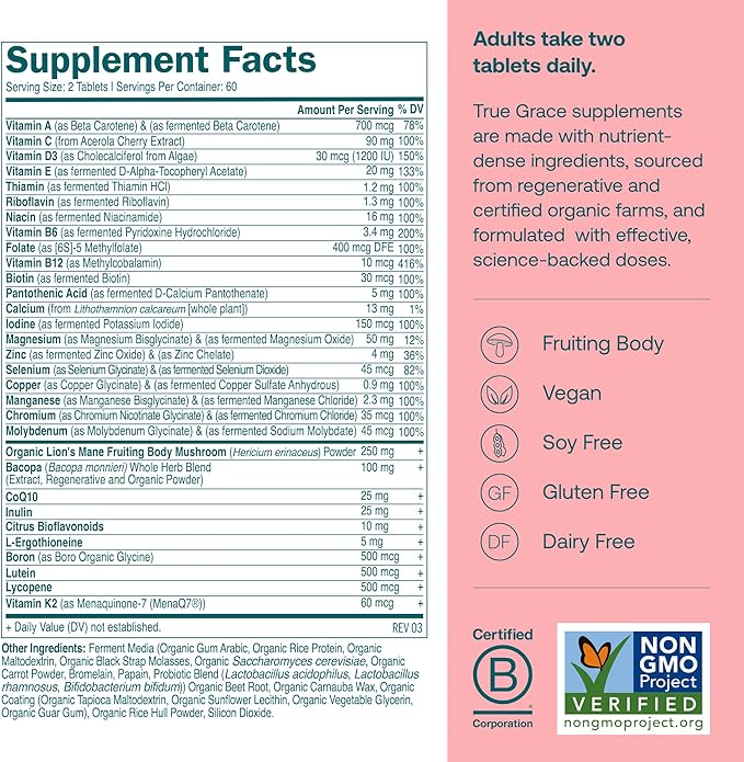 True Grace Daily Women’s Multivitamin 50+ - 120 Easy-to-Swallow Tablets - Immune Energy Longevity &amp Memory Support - Vegan - Gluten Soy &amp Iron Free - 60 Servings