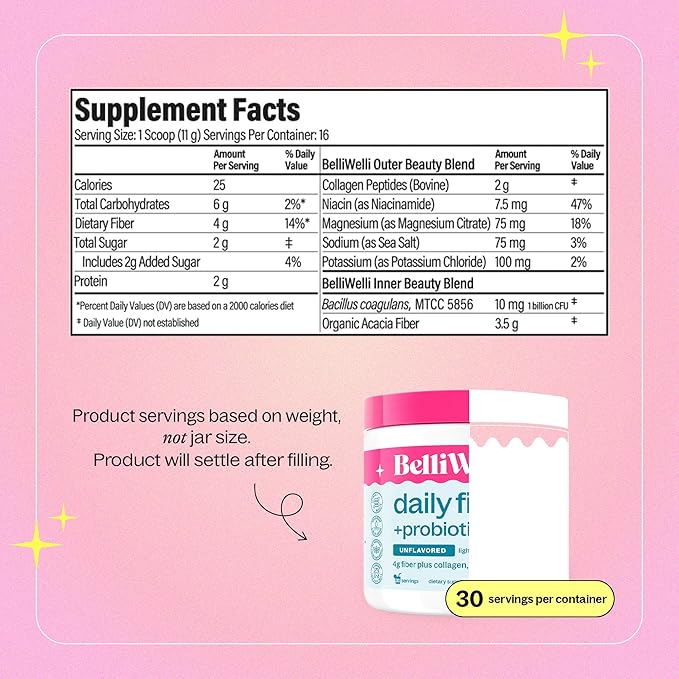 Belli Welli Daily Fiber Supplement for Women &amp Men Bundle – Premium Fiber Powder from Organic Acacia with Added Collagen Electrolytes &amp Probiotics – No Bloat Constipation &amp Gut Health Su