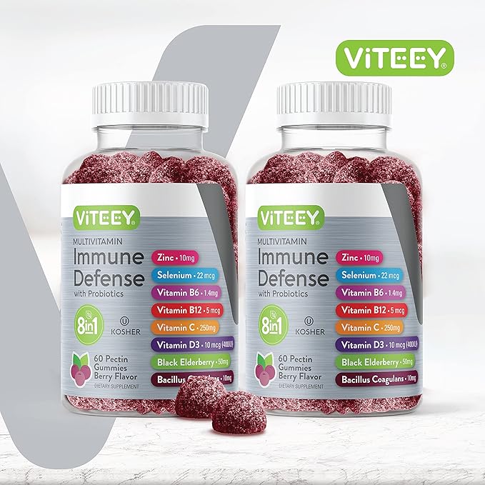 Viteey Multivitamin Gummies 8 in 1 Immune Support Supplement with Probiotics - Immune Boosters for Adults &amp Teens - Vegetarian Gelatin Free GMO Free - Chewable Berry Flavored Pectin Immune Defen