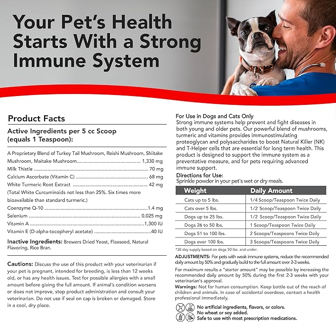 Critical Immune Defense for Dogs &amp Cats Supports Normal Cell Growth - Turkey Tail Reishi Shiitake and Maitake Mushroom Formula with Patented White Turmeric Root Extract (Large / 90 Day Avg. Sup