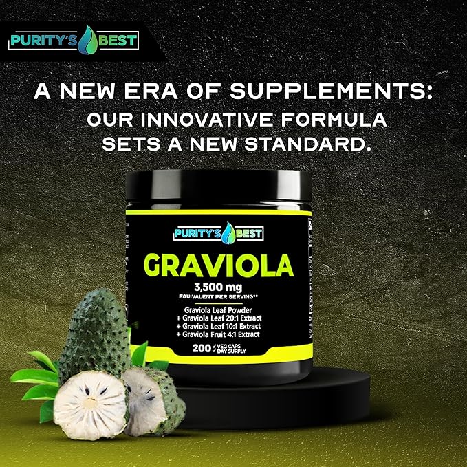Purity's Best Graviola (Soursop) Supplement Concentrated 378 mg Formula Supports Immune Function &amp Antioxidant Protection 200 Veggie Capsules Made in USA.