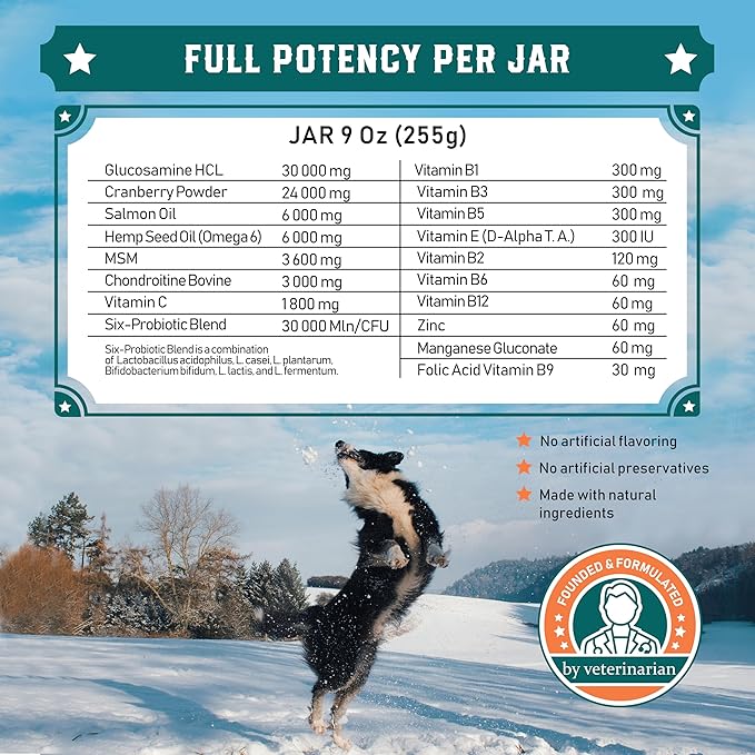 Old Dog's Barn Multivitamins 19 in 1 for Dogs – Glucosamine Salmon Oil Cranberry Powder Hemp Seed Oil (Omega 6) MSM Chondroitin Vitamin C Probiotics Zinc &amp Folic Acid 120 Soft Chews