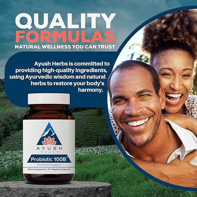 Ayush Herbs Probiotic 100B - Probiotics for Women Probiotics for Men Prebiotics and Probiotics for Digestive Health Gas Relief Gut Microbiome Balance - 60 Vegetarian Capsules (1 Count)