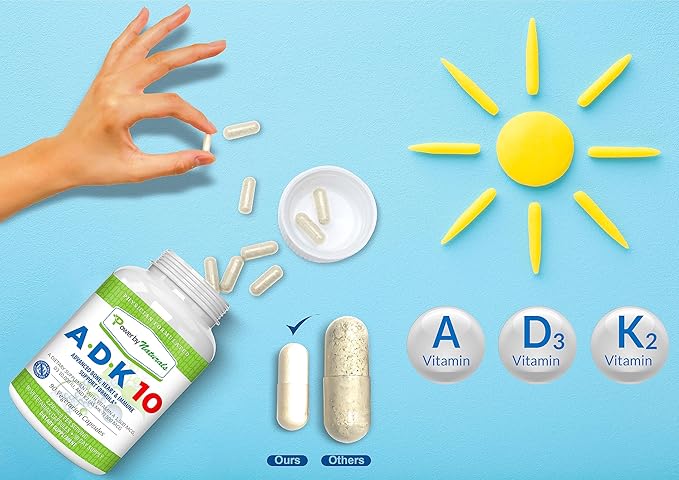 Power By Naturals ADK Vitamin Supplement – ADK 10 High Potency with Vitamins A D3 10000 IU &amp K2 MK7 for Superior Heart Immune &amp Bone Health Support – 90 Capsules 1 Pack (3-Month Supply)