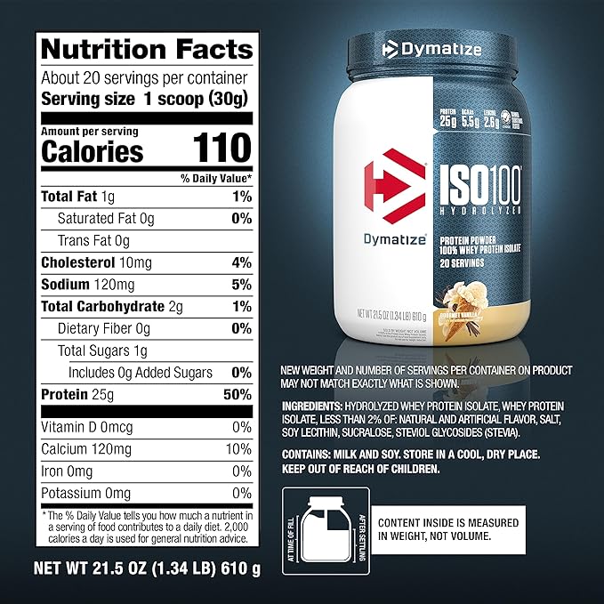 Dymatize ISO100 Whey Protein Powder Isolate Gourmet Vanilla 25g of Protein 5.5g BCAAs Less Than 120 Cal. Gluten Free 1g Fat 1g Sugar 2g Carb (20 Servings)