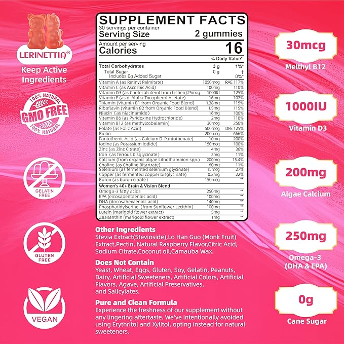 Multivitamin for Women Gummies for 40+ with Omega-3 Niacinamide B-Complex Lutein Iron Choline Phosphatidylserine Vitamin D3 for Skin Hair Energy Immune Bone - Vegan Sugar Free 120Cts