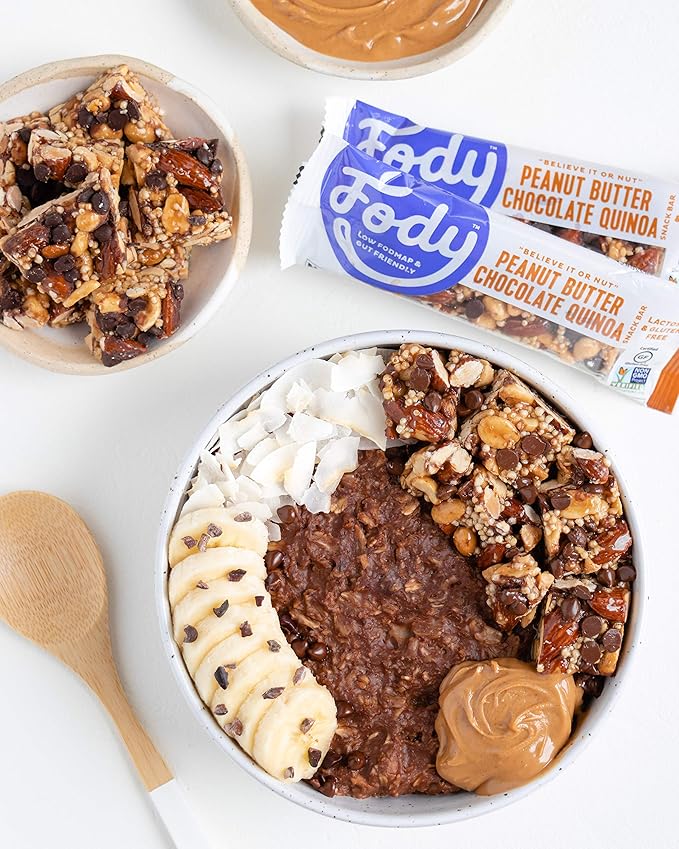 Fody Foods Snack Bars Peanut Butter Chocolate Quinoa 1.41 Oz (Pack of 6) 6g Protein Low FODMAP Gut &amp IBS Friendly Vegan Lactose Free Non-GMO Gluten Free