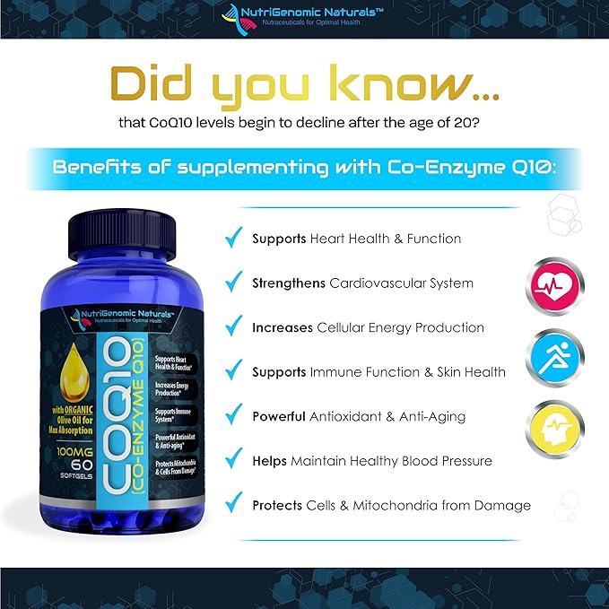 CoQ10 Coenzyme Q10 Highest Absorption with Organic Olive Oil 100mg 60 Softgels Ubiquinone Ubiquinol Supports Heart Health Increases Energy Pure Natural Effective