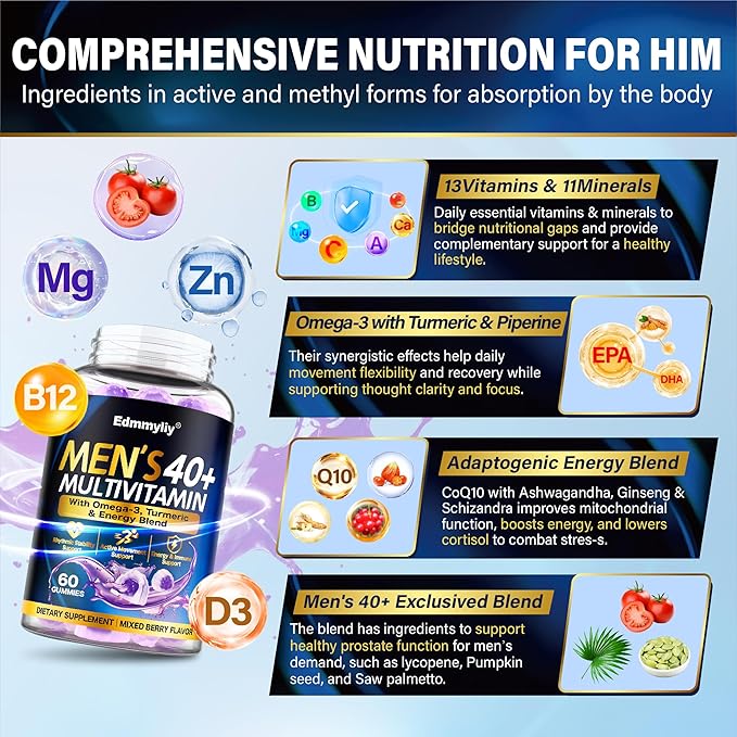 Multivitamin Gummies for Men 40 Plus - Vitamin A C D E B6 B12 with Omega-3 Calcium for Men - Energy &amp Immune Support Daily Vitamins - Sugar-Free &amp Vegan