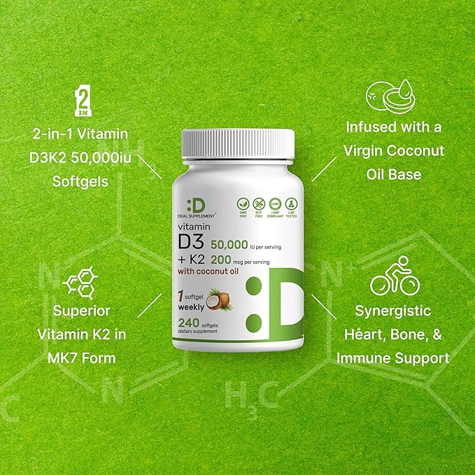 DEAL SUPPLEMENT Vitamin D3 50000 IU + K2 MK7 200mcg Softgels 240 Count | 2-in-1 Complex with Virgin Coconut Oil | Supports Heart Bone Teeth &amp Immune Health | Easy to Swallow