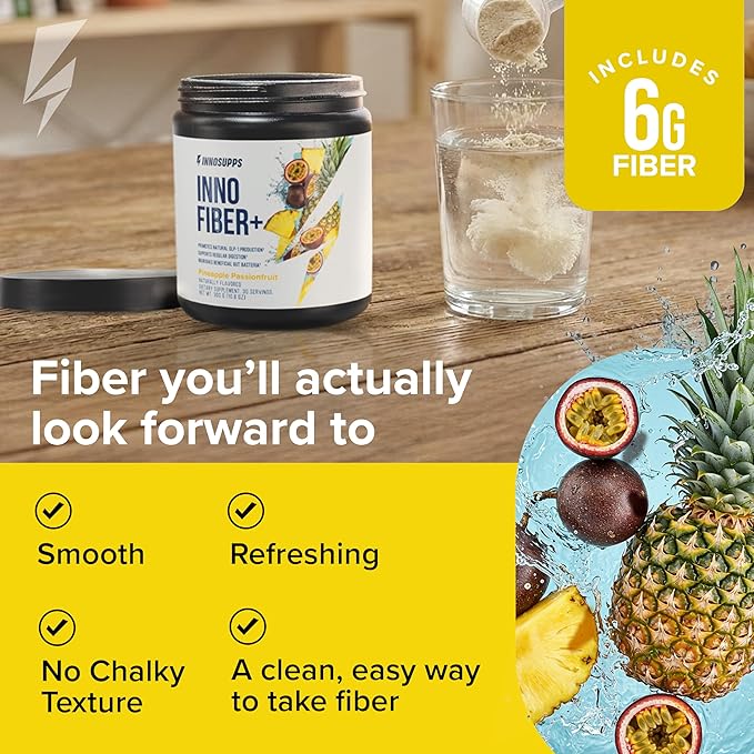 Inno Fiber+ Daily Fiber Supplement for Women and Men 3-in-1 Pre + Pro + Postbiotic Formula Supports Digestive Health Gut Comfort &amp Fullness Easy-Mix Soluble Fiber Powder (Pineapple Passionfrui