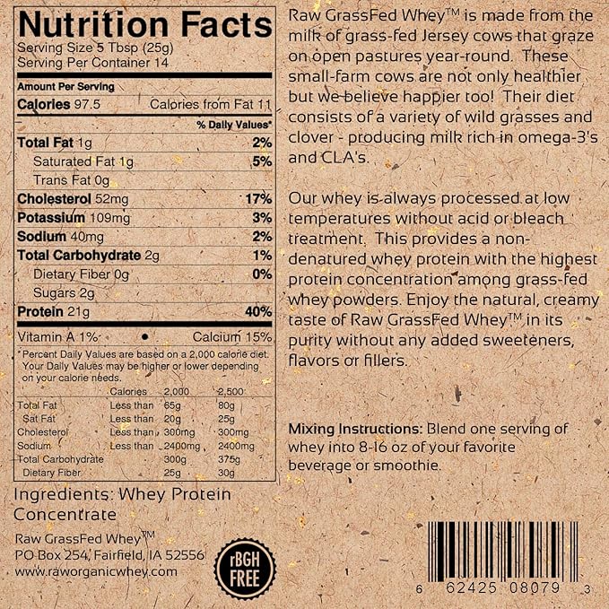 Raw Grass Fed Whey Protein Powder – Unflavored Only 1 Ingredient: Grass-Fed Whey from Happy Healthy Cows – Undenatured Non-GMO Hormone-Free Gluten-Free Made in USA 12 OZ