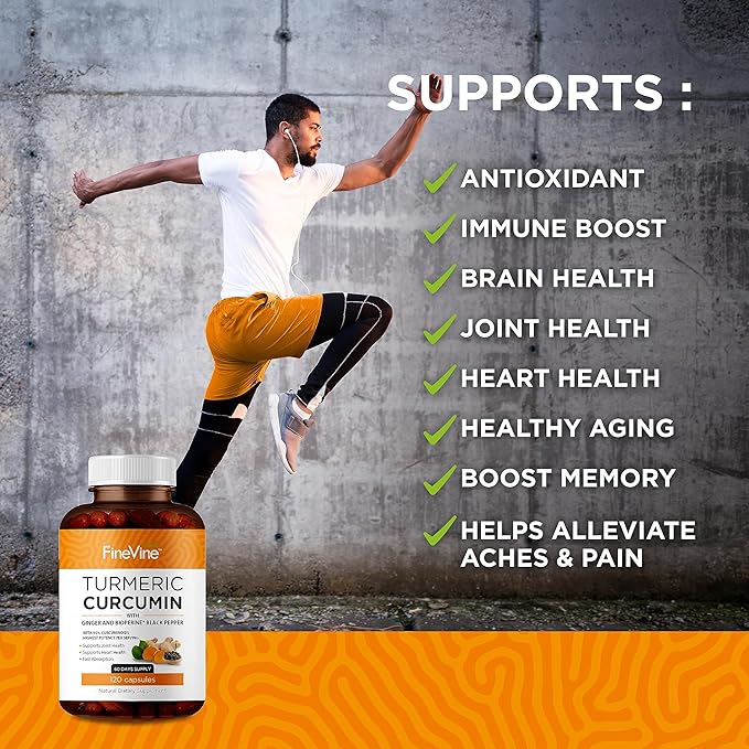 Turmeric Curcumin with BioPerine Black Pepper and Ginger - Made in USA - 120 Vegetarian Capsules for Advanced Absorption Joints Support