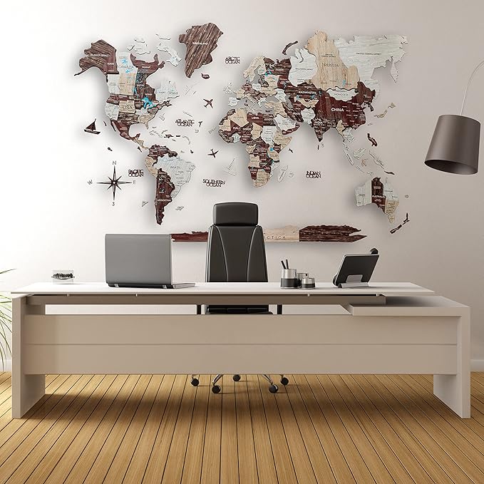 Handmade 3D Wood World Map Wall Art Large Wall Decor Track Your World Travels - Special for Home Kitchen and Office (Medium Cappuccino)