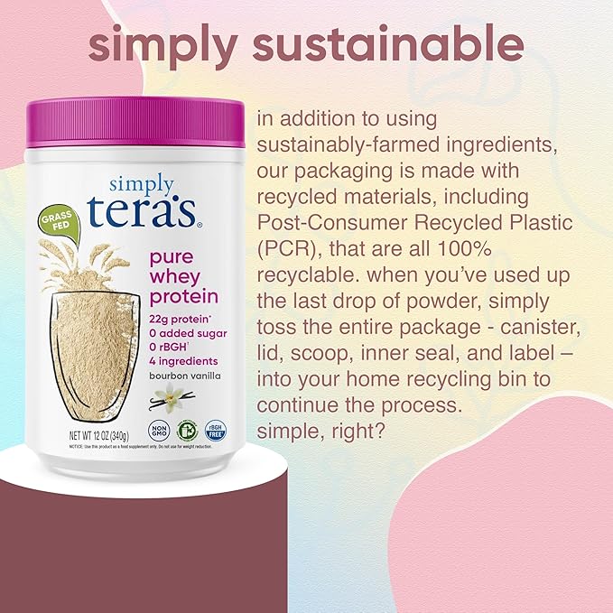 simply tera's Pure Whey Protein Powder - Grass Fed Vanilla Whey Protein Powder Clean Made Without Artificial Sweeteners Non-GMO Kosher rBGH-Free Soy-Free - 12 Oz.