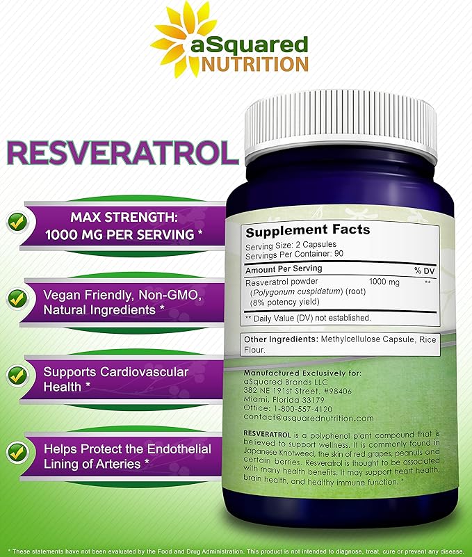 100% Natural Resveratrol - 1000mg Per Serving Max Strength (180 Capsules) Antioxidant Supplement Trans-Resveratrol Pills for Heart Health &amp Pure Polyphenols