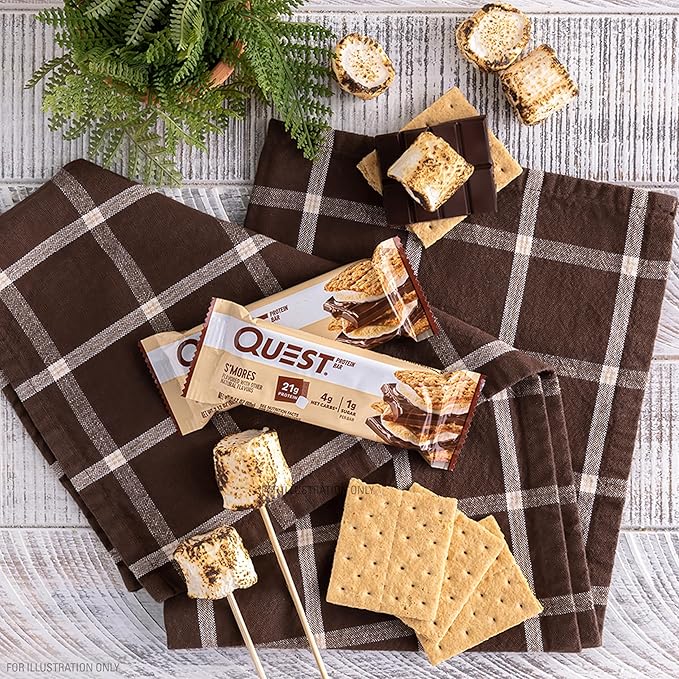 Quest Nutrition S'Mores Protein Bars 21g Protein 1g Sugar 4g Net Carb Gluten Free Keto Friendly 12 Count