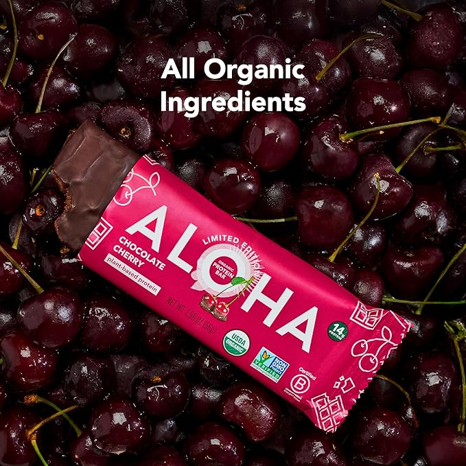 ALOHA Organic Plant Based Protein Bars - Chocolate Cherry - 12 Bars Vegan Low Sugar Gluten-Free Paleo Low Carb Non-GMO No Stevia No Erythritol