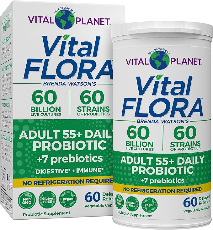 Vital Planet - Vital Flora Adults Over 55 Daily Probiotic 60 Billion CFU Diverse Strains Organic Prebiotics Immune and Digestive Health Shelf Stable Probiotics for Women and Men 60 Capsules