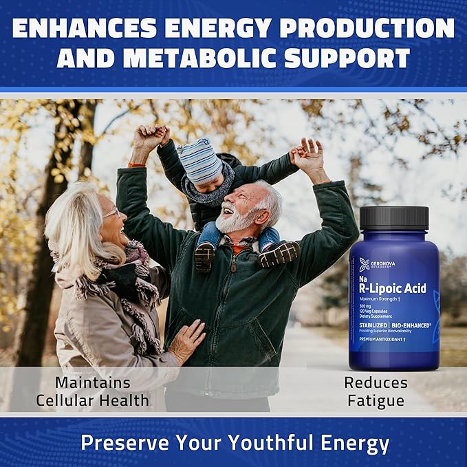 Geronova Research Bio-Enhanced R-Lipoic Acid 300 mg Capsules - 4 Month Supply - Stabilized R Alpha Lipoic Acid with Enhanced Absorption - R Lipoic Acid Supplement - 120 Count