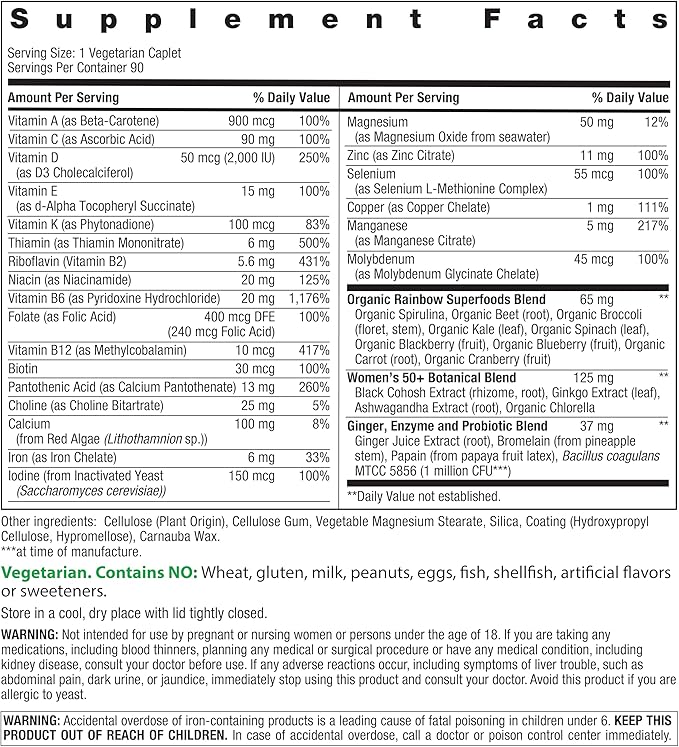 Rainbow Light Womens One + Multivitamin 50 Plus | 90 Caplets | Supports Menopause | Real Food Nutrients Digestive Enzymes &amp Probiotics