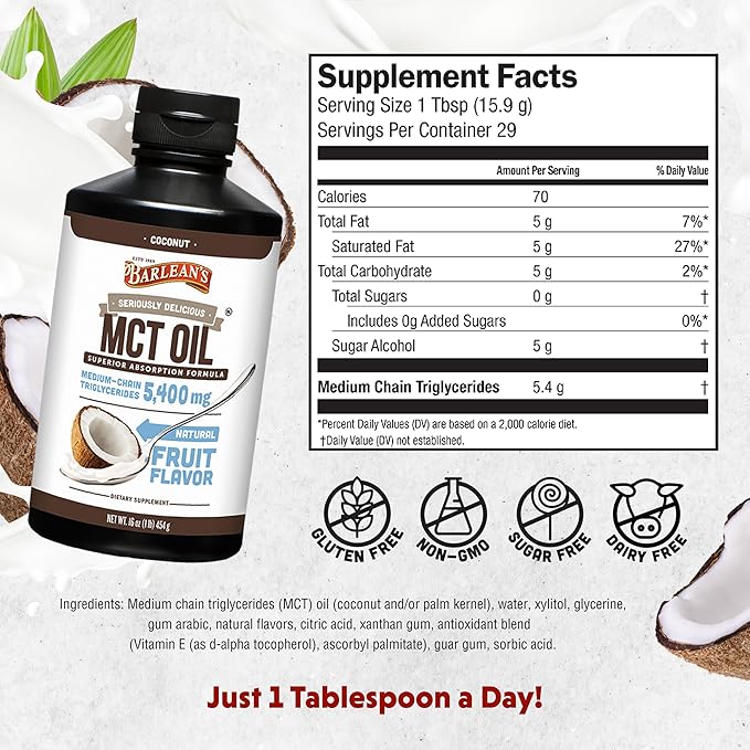 Barlean's MCT Oil Supplement Coconut Flavored for Keto Coffee Emulsified Creamy Liquid Syrup with 5400mg Plant-Based MCT's to Support Energy Focus and Wellness 16 oz