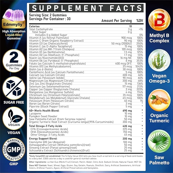 Multivitamin Gummies for Men 40 Plus - Vitamin A C D E B6 B12 with Omega-3 Calcium for Men - Energy &amp Immune Support Daily Vitamins - Sugar-Free &amp Vegan