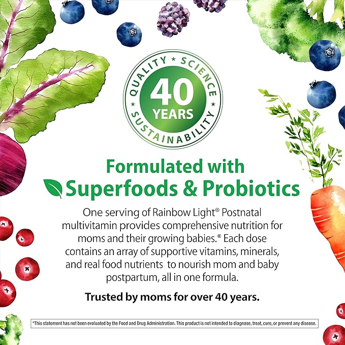 Rainbow Light Postnatal Multivitamin for Women | 120 Capsules | Supports Mom’s Health &amp Baby’s Development Plus Immune Health with Vitamin C and Zinc | Superfoods Blend &amp Probiotics