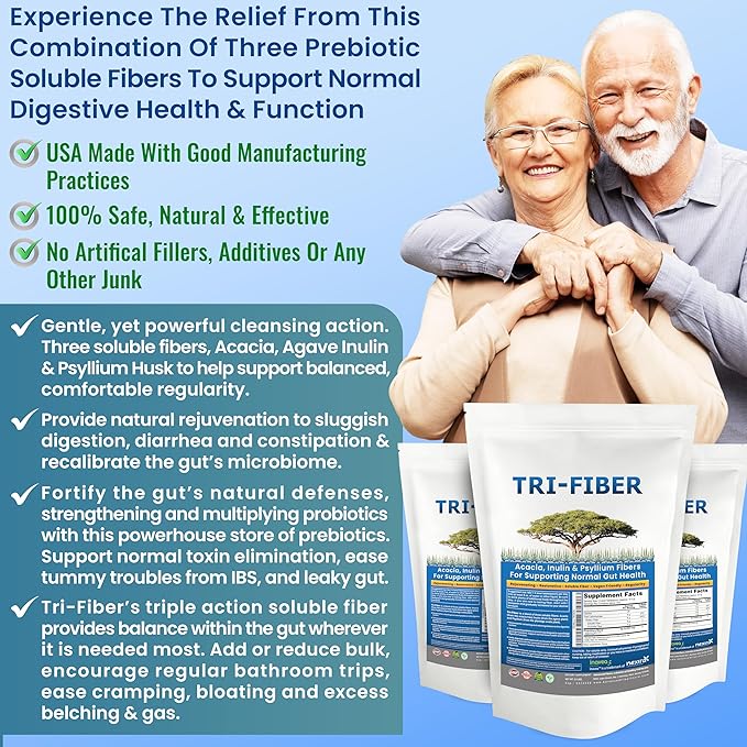 Tri-Fiber Soluble Fiber Powder Unflavored High Fiber 3-in-1 Soluble Fiber Supplement for Digestive Support. Dietary Fiber 1 lbs (16oz)