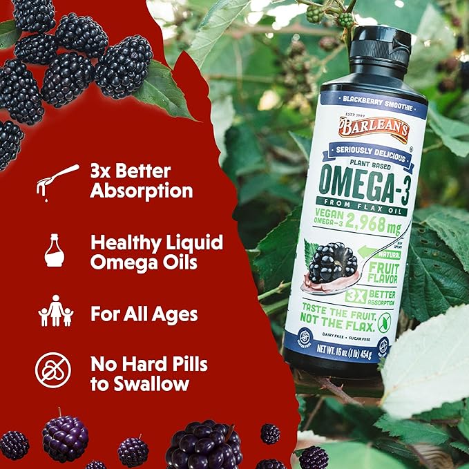 Barlean's Vegan Omega 3 6 9 Flaxseed Oil Liquid Supplement BlackBerry Smoothie Flax Seed Oil 2968 mg ALA Fatty Acid Non-GMO and Gluten Free 16 oz