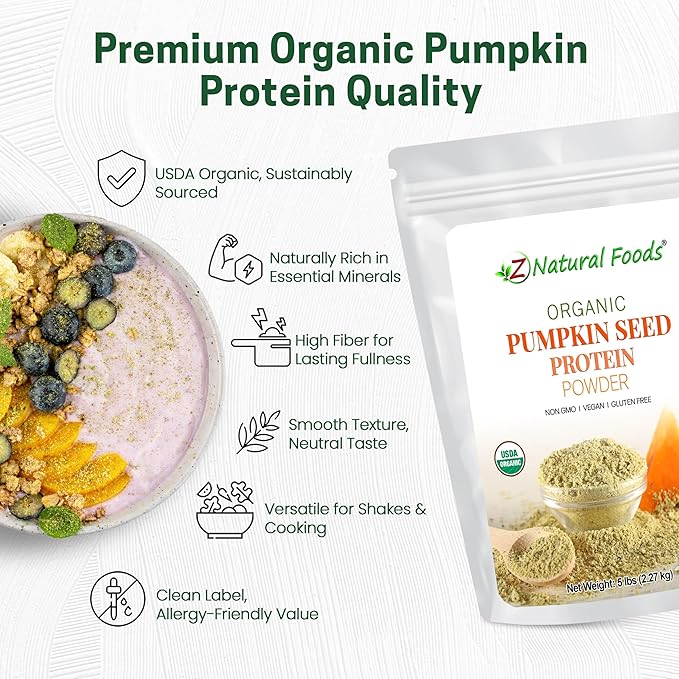 Z Natural Foods Organic Pumpkin Seed Protein Powder - Nutrient-Dense Fiber Supplement Vegan Pumpkin Protein Powder for Hair Skin Nails Muscle Health - Ideal for Smoothies Shake Baking Recipes 5 lbs