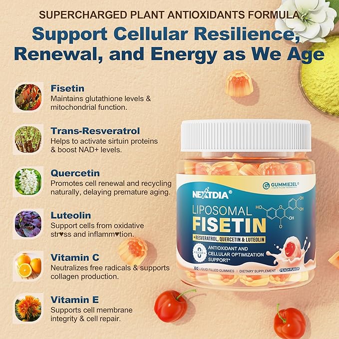Liposomal Fisetin Complex Gummies - Healthy Aging &amp Cellular Renewal Support - 98% Purity Fisetin Supplement w/Trans-Resveratrol Quercetin Luteolin Vitamin C &amp E 1-A-Day Vegan 120 Serving