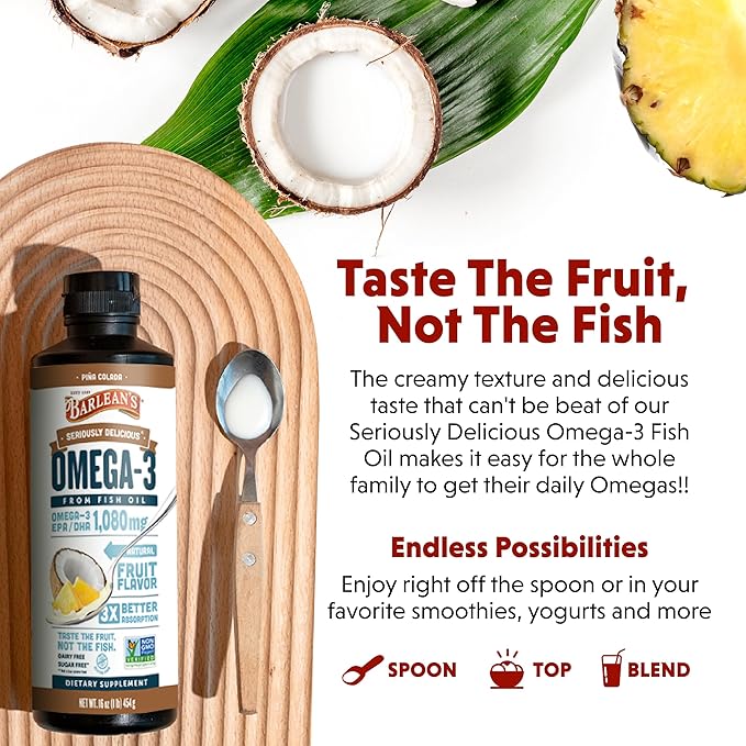 Barlean's Omega 3 Fish Oil Liquid Supplement for Men and Women 1080mg of EPA and DHA Fatty Acid Promotes Brain &amp Heart Health - Non-GMO Pina Colada 16 oz