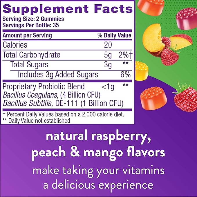 Vitafusion Probiotic Gummy Supplements Raspberry Peach and Mango Flavors &amp Vitamin D3 Gummy Vitamins for Bone and Immune System Support
