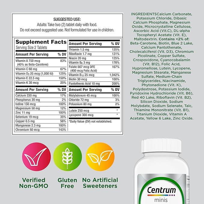 Centrum Minis Silver Multivitamin for Adults 50 Plus Multimineral Supplement Vitamin D3 B-Vitamins Gluten Free Non-GMO Ingredients Supports Memory and Cognition in Older Adults - 320 Ct
