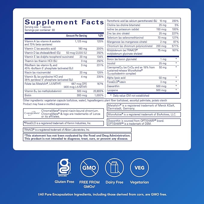 Pure Encapsulations O.N.E. Multivitamin - Once Daily Multivitamin with Antioxidant Complex Metafolin CoQ10 and Lutein to Support Vision Cognitive Function and Cellular Health* - 60 Capsules
