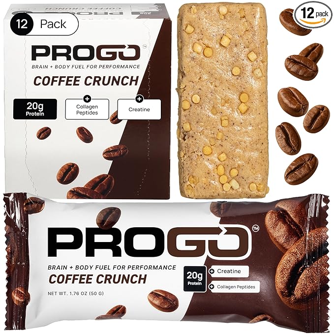 ProGo Protein Bars – Brain + Body Fuel with 20g Clean Protein Creatine &amp Collagen Peptides Made with 95% Pure Isolate Grass-Fed Beef Tallow No Fillers Naturally Sweetened with Honey Gluten-F