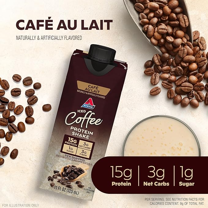 Atkins Café au Lait Iced Coffee Protein Shake 15g Protein Low Glycemic 3g Net Carb 1g Sugar &amp Strawberry Protein Shake 15g Protein Low Glycemic 2g Net Carb 1g Sugar Keto Friendly