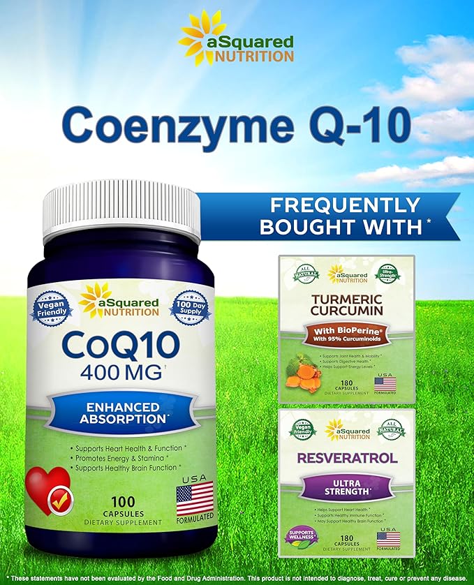 aSquared Nutrition CoQ10 (400mg Max Strength 100 Veggie Capsules) - High Absorption Coenzyme Q10 Powder - Ubiquinone Supplement Pills Extra Antioxidant CO Q-10 Enzyme Vitamin Tablets Coq 10 400 mg