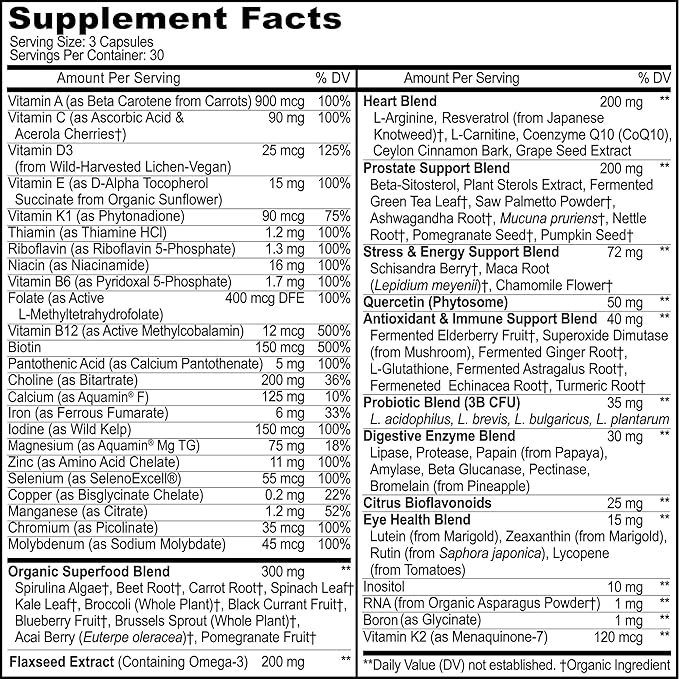 Methylated Mens Multivitamins - Daily Mens Vitamins with 44 Organic Whole Food - Multivitamin for Men with Iron &amp Fermented Nutrients - Vegan Daily Vitamin for Men with B-Complex Probiotics Omeg