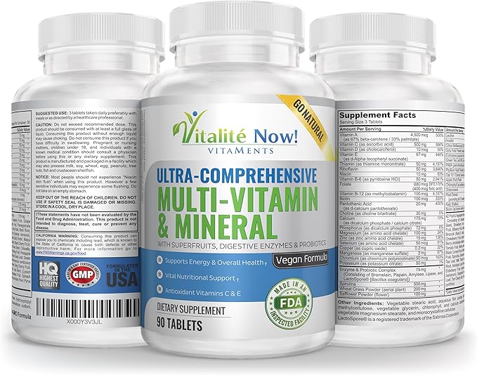 Vegan Whole Food Multivitamin &amp Mineral - Vitamins A B1 B2 B6 B12 C D3 E &amp 110 Super Foods Herbs Greens &amp Reds - Enzymes &amp Probiotics for Immune Support - Energy Boost - 90 Tablets