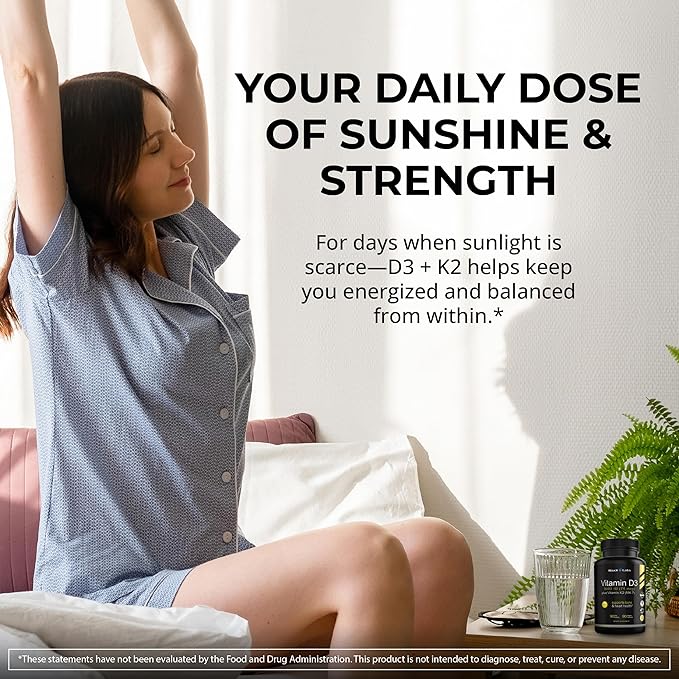 Vitamin D3 K2 3000 IU - with Vitamin K as MK-7 from Natto - High Potency Vitamin D Supplement Support Healthy Bones Teeth Heart &amp Immune Function Gluten-Free - 90 Capsules