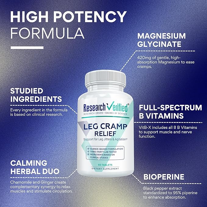 Research Verified Leg Cramps - Magnesium B Vitamins Ginger Chamomile BioPerine - Circulation Support - Vegan - 180 Capsules 3 Month Supply