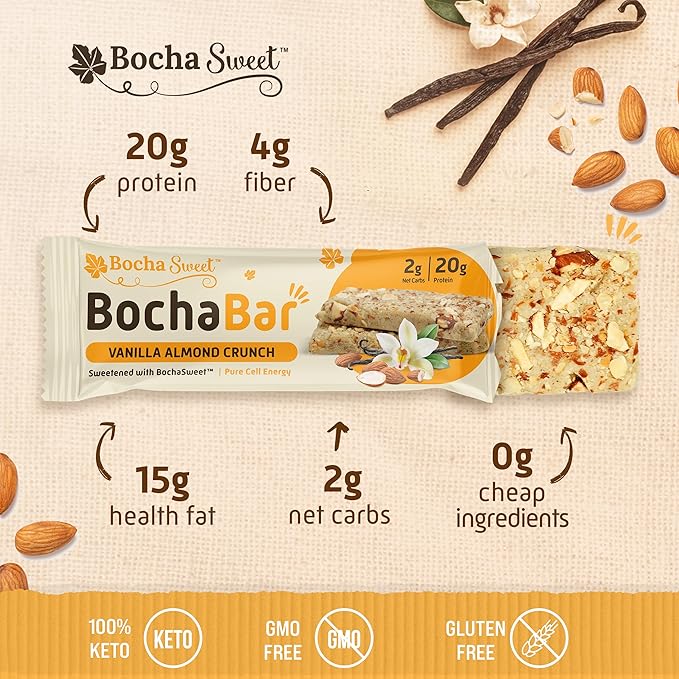 BochaSweet Keto Protein Bar Vanilla Almond Crunch BochaBar 20g Grass Fed Collagen Low Carb Keto-Friendly Gluten Free 4 Count
