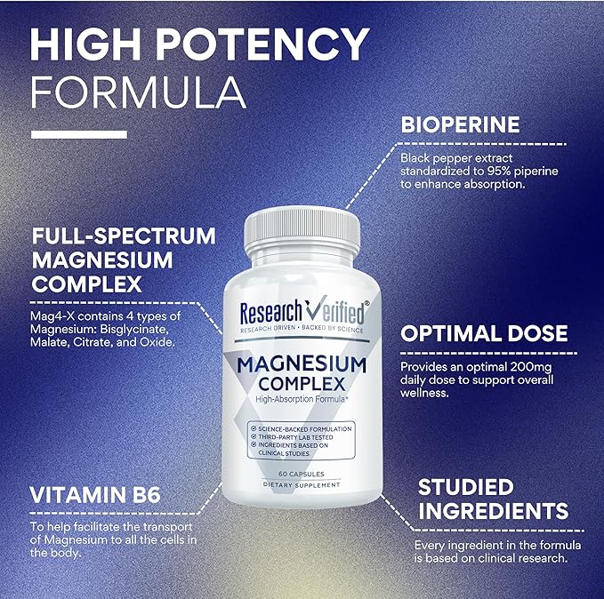 Research Verified Magnesium Complex - Brain Muscle and Nerve Support - Magnesium Bisglycinate Malate Citrate and Oxide - Bioperine - Vegan - 60 Capsules - Pack of 1