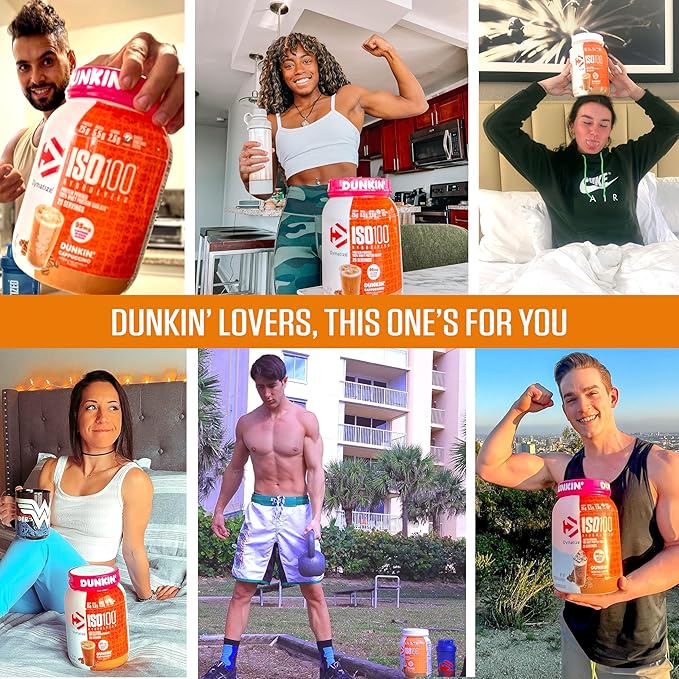 Dymatize x Dunkin' Cappuccino ISO100 Whey Protein Powder 95mg Caffeine 25g of Protein5.5g BCAAs 120 Cal. Gluten Free 1g Fat 1g Sugar 2g Carb (20 Servings)