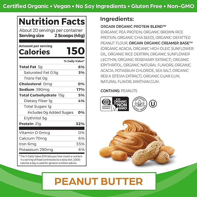 Orgain Organic Vegan &amp Peanut Butter Plant Based Protein Powders (2.03 Lb Each)